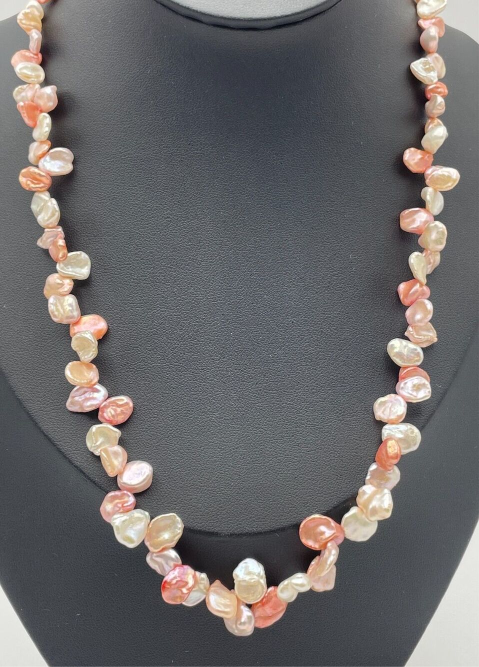 Honora Pastel Peach White Keshi Coin Pearl 20" Necklace Signed H 925 Clasp